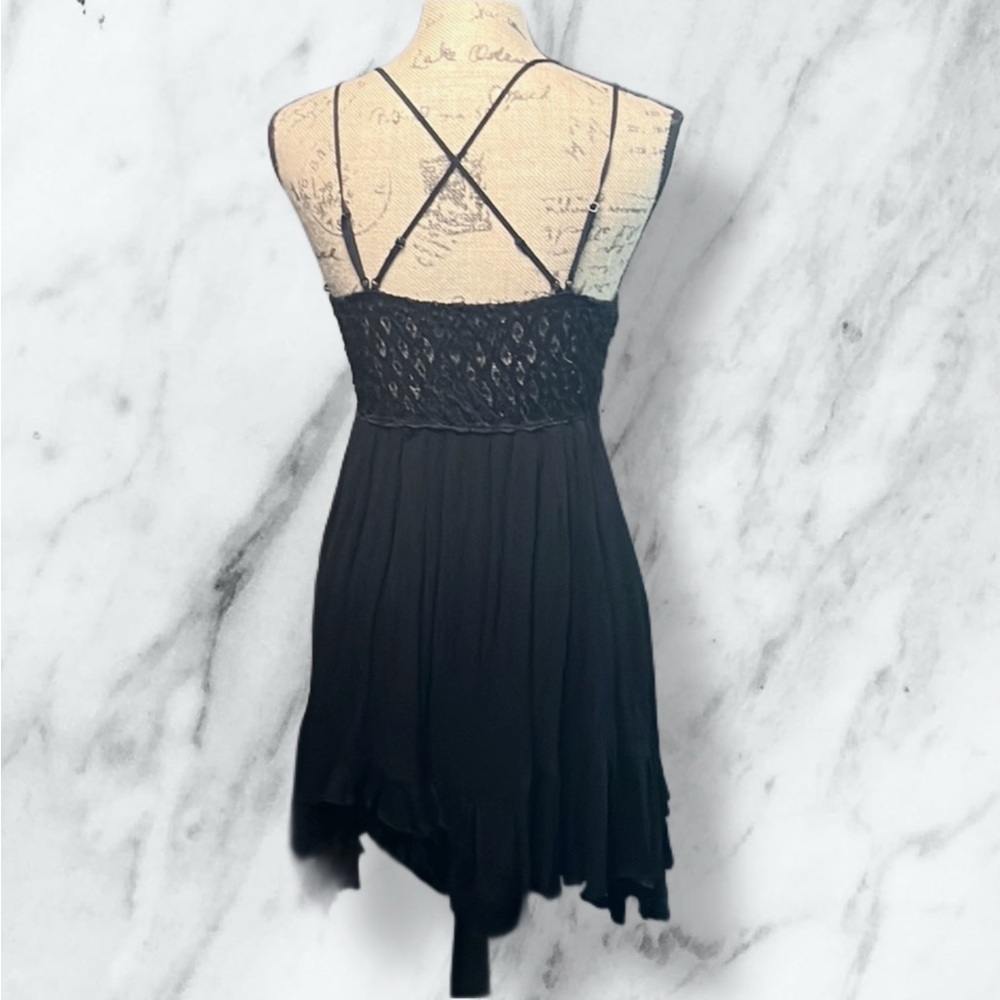 Black Lace Strappy Mini Dress with Asymmetrical Hem - Picture 10 of 16
